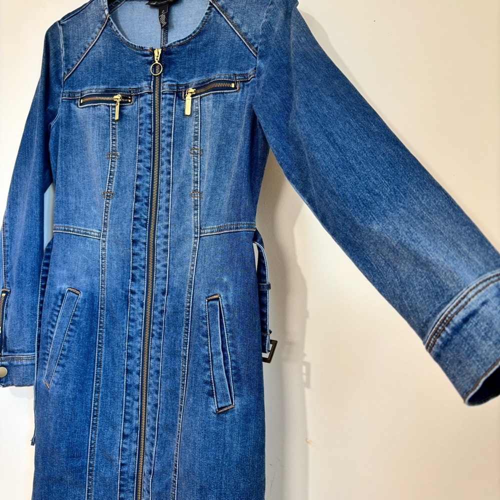 BWT INC International Concepts denim blue shirtdress gold zipper trench dress 2 - Picture 6 of 16